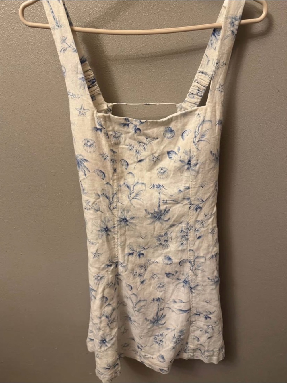 Hollister White Linen Sundress with Blue Floral & Seashell Print